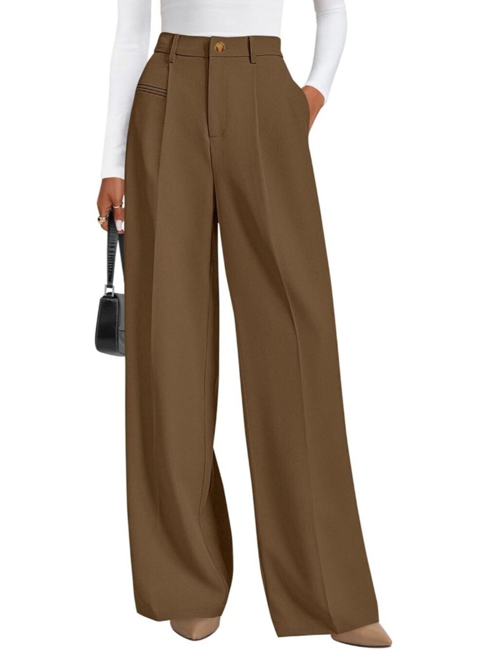 Women's Wide Leg Dress Pants Brown Flowy Pants High Waisted Slacks Trousers